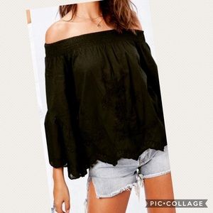 Off the shoulder black eyelet blouse